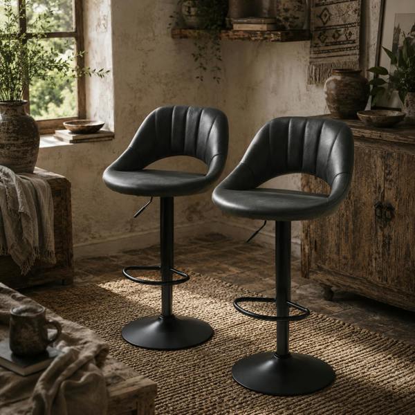 Wyld Haus Dova Lure Faux Leather Grey Swivel Bar Stools Set Of 2 With Backrest And Footrest