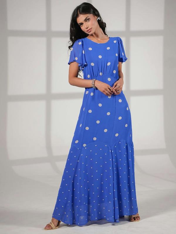 Rose & Nancy Joanna Blue And White Polka Dot Print Frill Sleeve Maxi Dress