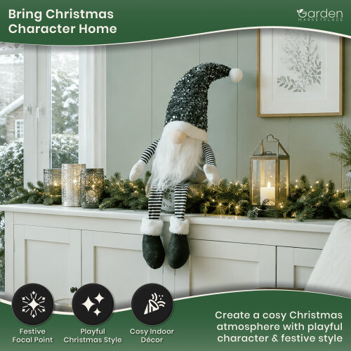 Large Grey Glam Christmas Gonk Figure, 75cm Sitting Decoration with Sparkly Sequined Hat, Soft Polyester Indoor Ornament