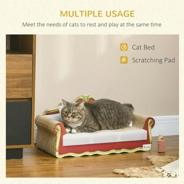 Cat cardboard scratcher lounge sofa bed with gray cat resting on white cushions, red base