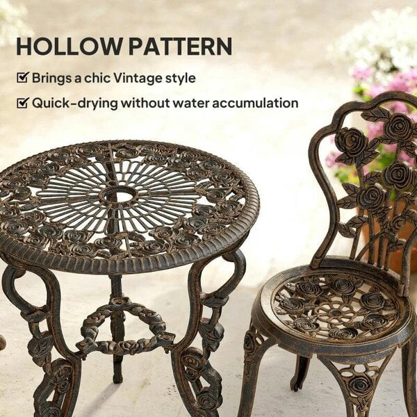 Bobobiy Garden Bistro Set with Umbrella Hole, 3 Piece Cast Aluminium Garden Set, Antique Floral Round Coffee Table and Chairs, Brown Tone