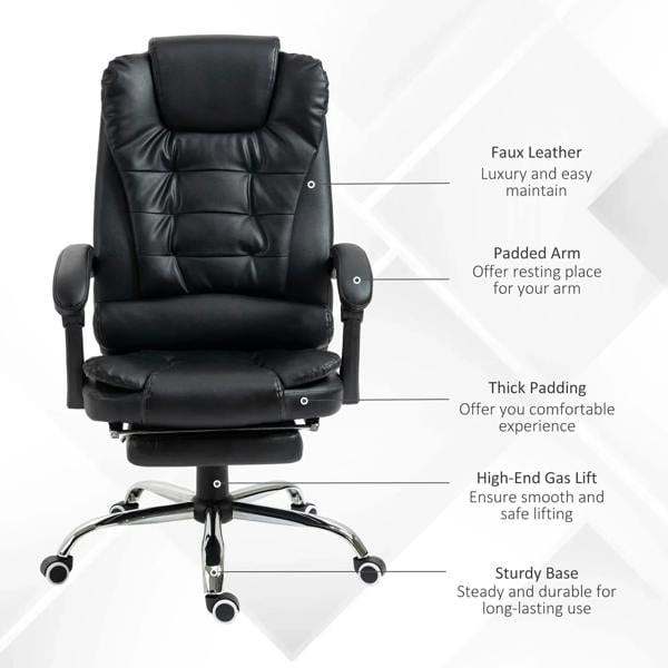 Black PU leather executive chair with thick padding, armrests, and five-star base