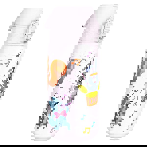 A pastel-purple water bottle, featuring cartoon animals playing music, sits on a white background. ION8 is printed on the drum.