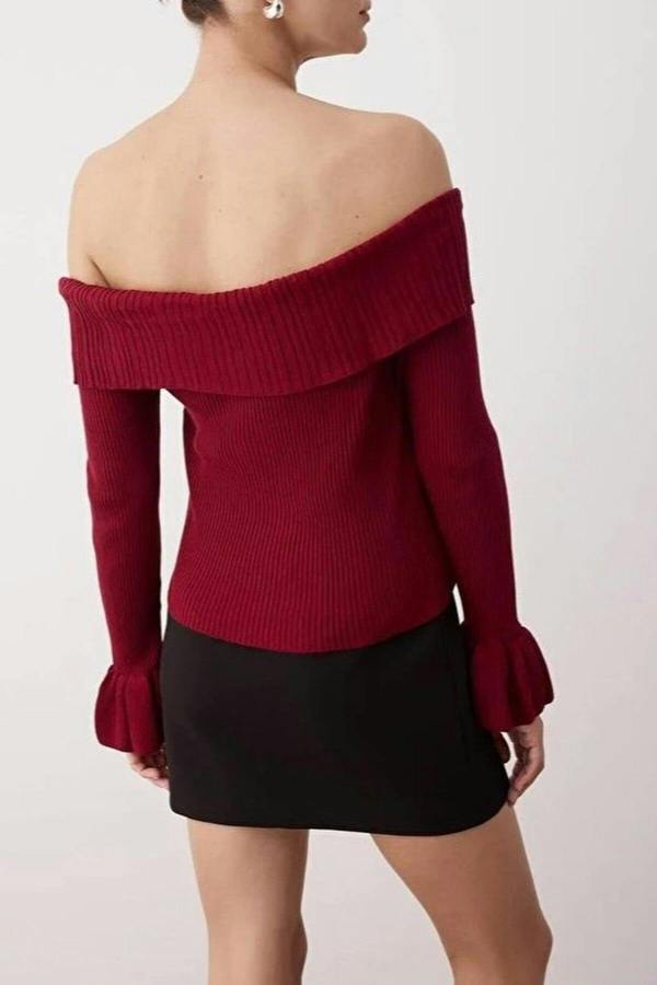 WOVCOR Fitted Carmen Collar Ribbed Knitwear Sweater
