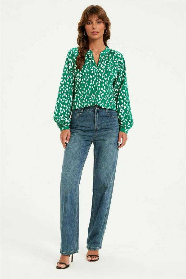 FS Collection Brushstroke Print long sleeve Blouse Top In Green