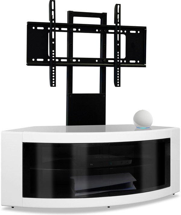 Centurion Supports PANGEA Black/White Beam-Thru Curved True-Corner 32"-50" TV Cabinet with Mounting Arm