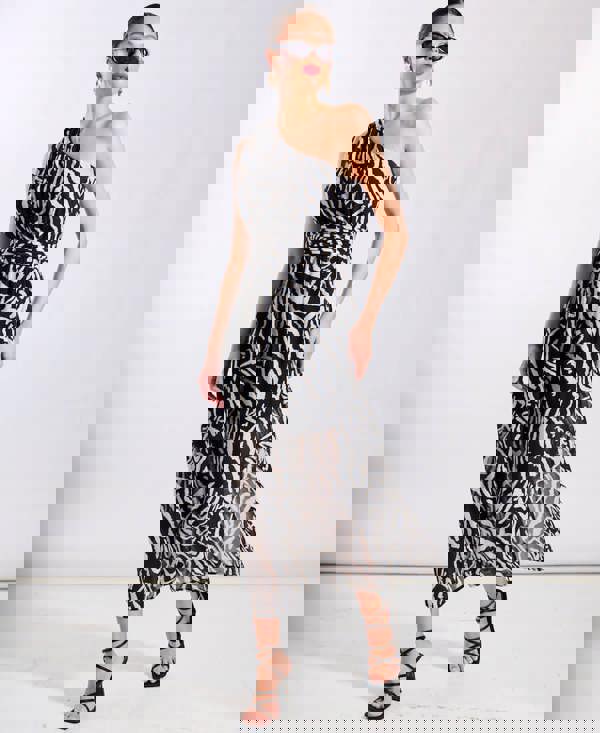 Black Animal One Shoulder Midi Dress