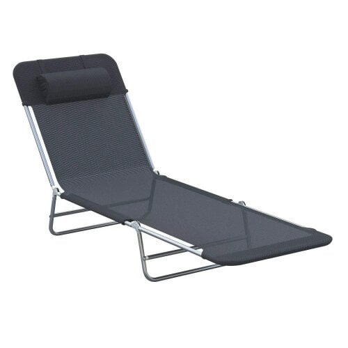 Bobobiy Outdoor Foldable Sun Lounger, Adjustable Backrest Garden Recliner Sun Lounger Chair with Headrest Pillow, Black