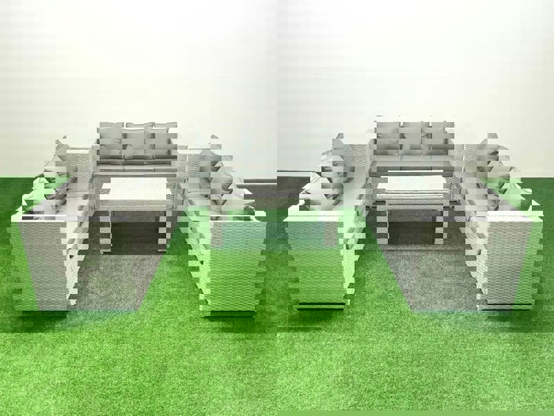 Fimous Rattan Garden Outdoor Furniture Set 9 Seater Garden Sofa Oblong Coffee Table Set Light Grey Mixed