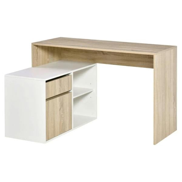 L-shaped corner desk with oak top, white cabinet, and open storage shelves