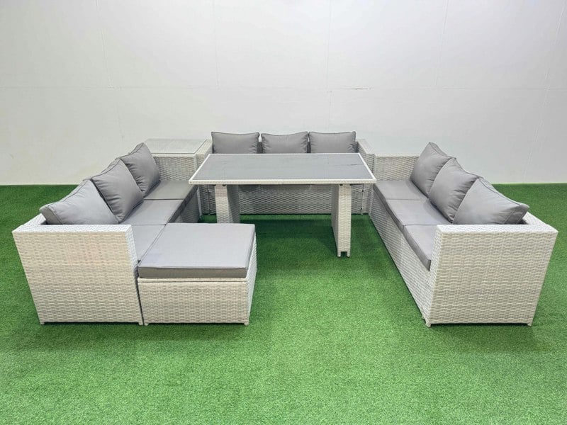 Fimous Patio Outdoor Garden Furniture Sets with Black Glass Top Dining Table 3 Seater Sofa Side Table Big Stool Light Grey