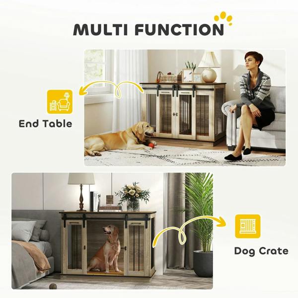 Oak-tone dog crate furniture with flat top surface and two sliding door panels.