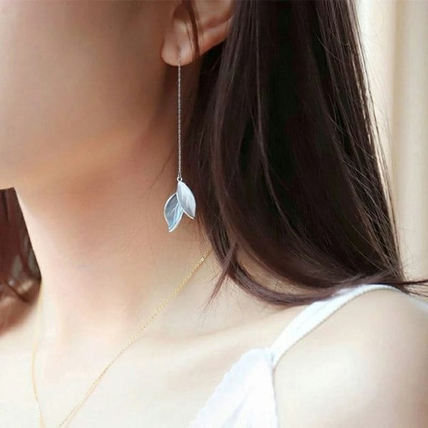 The Colourful Aura Elegant Grey White Long Leaf Drop Tassel Chain Marble Texture Earrings