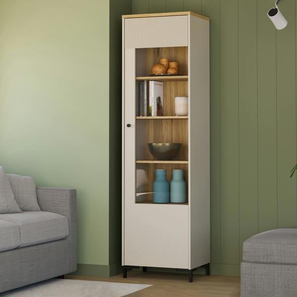 Furniture To Go Bixbite Tall Display Cabinet with Fluted Detail, Door & Open Shelving in Mauvella Oak and Sand