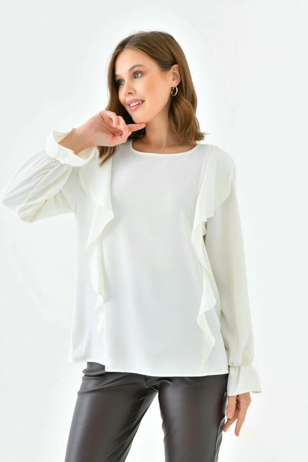 Hoxton Gal Oversized Frilled Front Blouse with Detailed Cuffs in White
