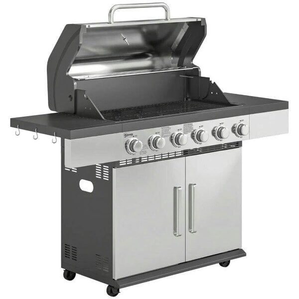 Bobobiy 6 Burner Liquid Propane Gas BBQ Grill, Outdoor Portable Gas Barbecue Grill with Warming Rack, Side Tables, Cabinet