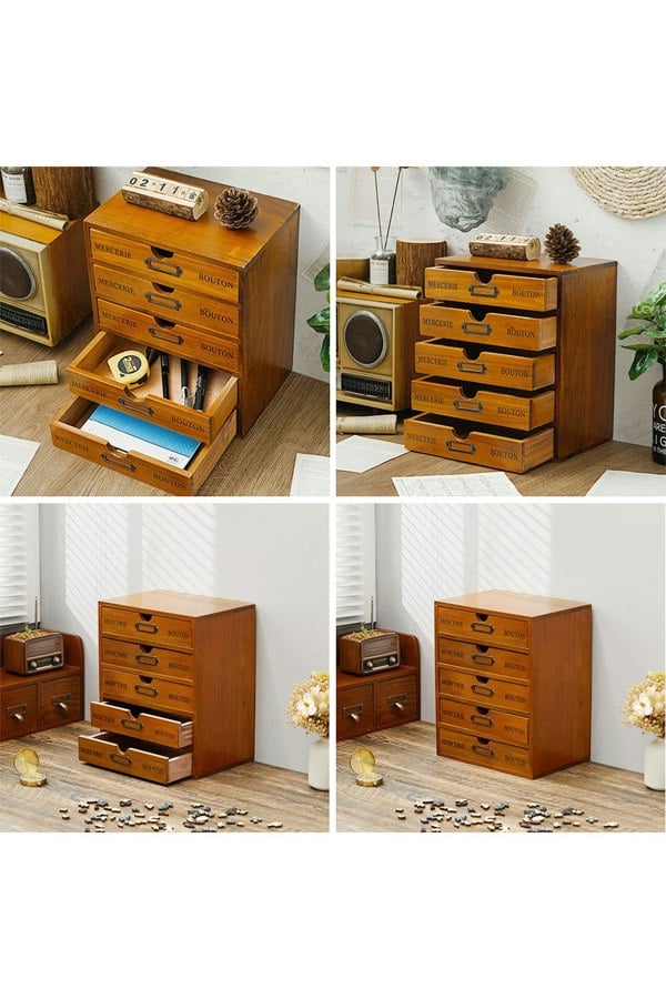 Living and Home Vintage Wooden Storage Box Brown Home Office Desk Organizer With 5 Drawers