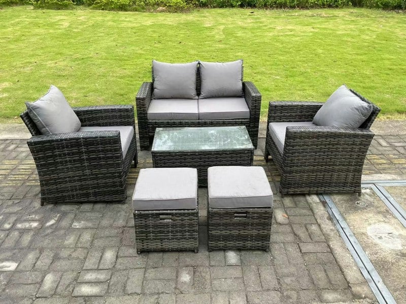 Fimous 6 Seater Dark Grey Mixed High Back Rattan Sofa Set Rectangular Coffee Table Garden Furniture Outdoor 2 Stools