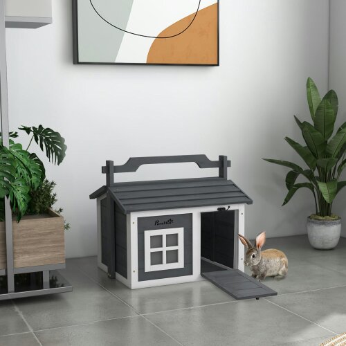 PawHut Rabbit Hutch Indoor Outdoor w/ Top Handle, Openable Roof - Grey