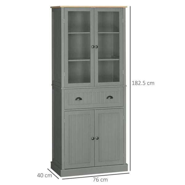 Grey tall kitchen pantry cupboard with glass doors, drawers, and lower cupboard doors