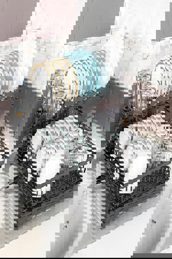 Living and Home 2-Tier Dish Drainer Rack with Kitchen Utensil and Glass Holder - Black