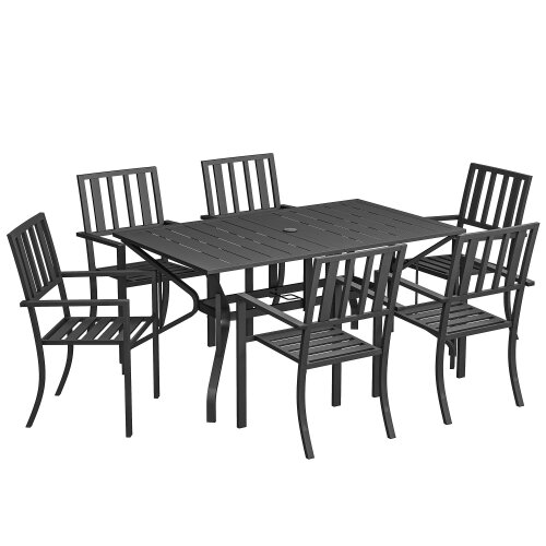 Wyld Haus Suri Metal Black 6 Seater Outdoor Dining Table And Chairs Set With Parasol Hole