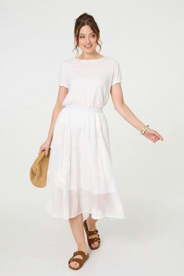 White | Lace Embellished A-Line Midi Skirt
