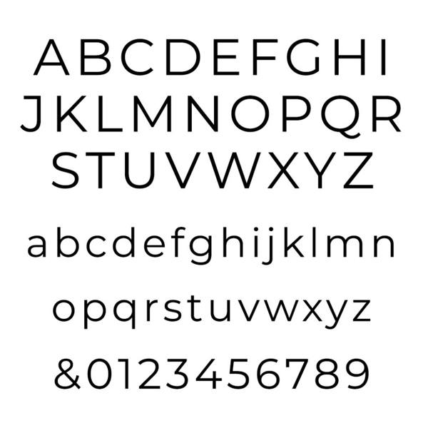 A typography reference style sheet displaying a clean, geometric sans-serif block font featuring uppercase and lowercase characters, an ampersand symbol, and numbers zero through nine.