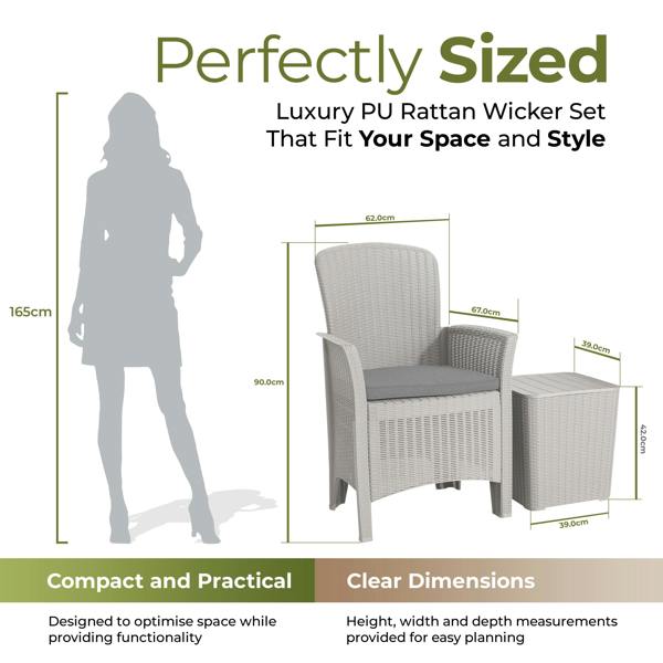 Homeology OPHELIA 3-Piece Rattan Garden Furniture High Back Armchair Set with Side Table in Grey