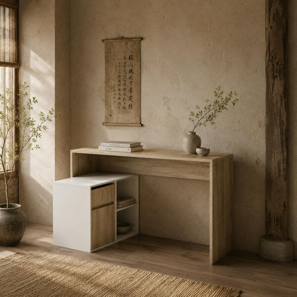 Wyld Haus Kavi 120cm Wooden Oak And White L Shaped Desk With Drawer Shelving And Storage Cabinetm