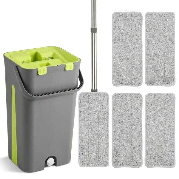 Bobobiy Mop and Bucket Set, Compact Flat Mop System with Wringer, 2 Chambers, 5 Reusable Pads, Dark Grey and Green