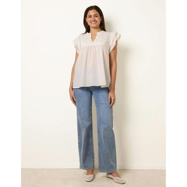 Blue Vanilla Cotton Embroidery Detail Ruffle Sleeve Top