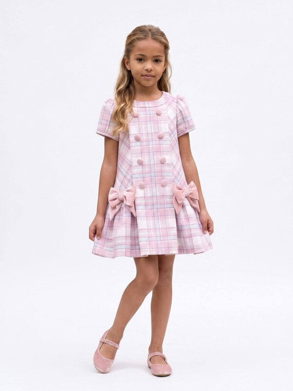 DRESS & Fleur Girls Check and Bow Dress in Pink