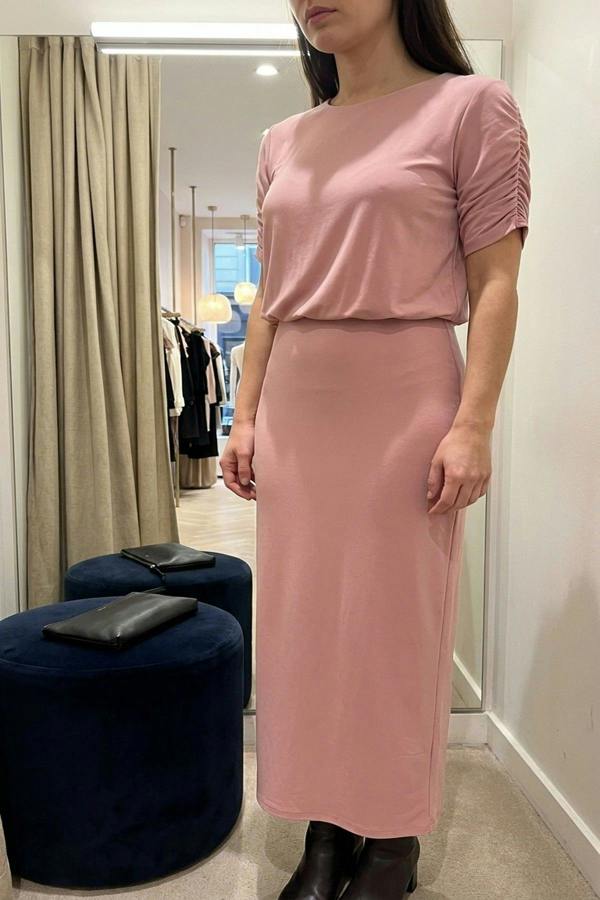 Elvira Ruched Short Sleeve Maxi Dress With Draped Bodice - Dusty Pink