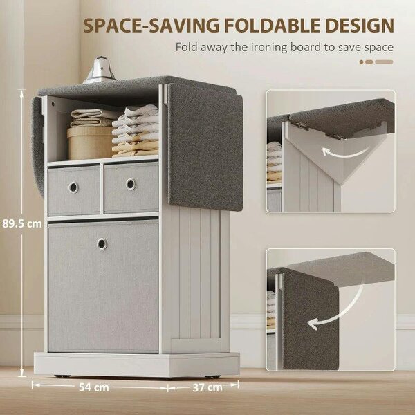 Ironing Board Cabinet on Wheels with Ironable and Foldable Top, Mobile Storage Cabinet with Ironing Board, White