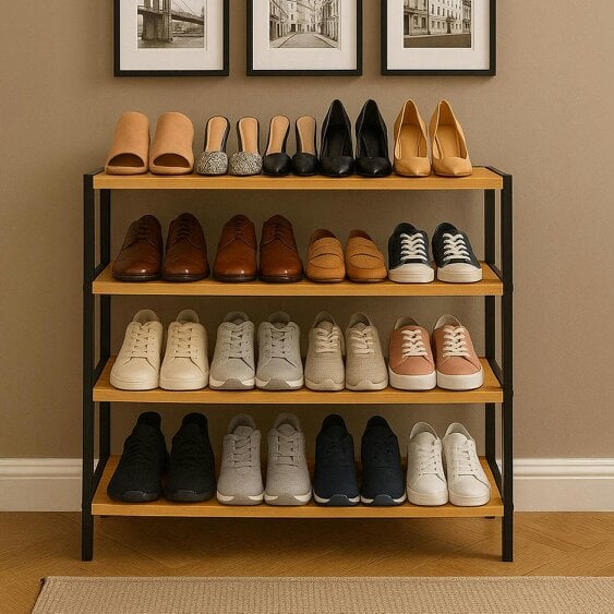Neo Black Wood 4-Tier Bamboo Shoe Rack Wooden Shoe Storage Organiser Shelf for Hallway, Entrance Living Room