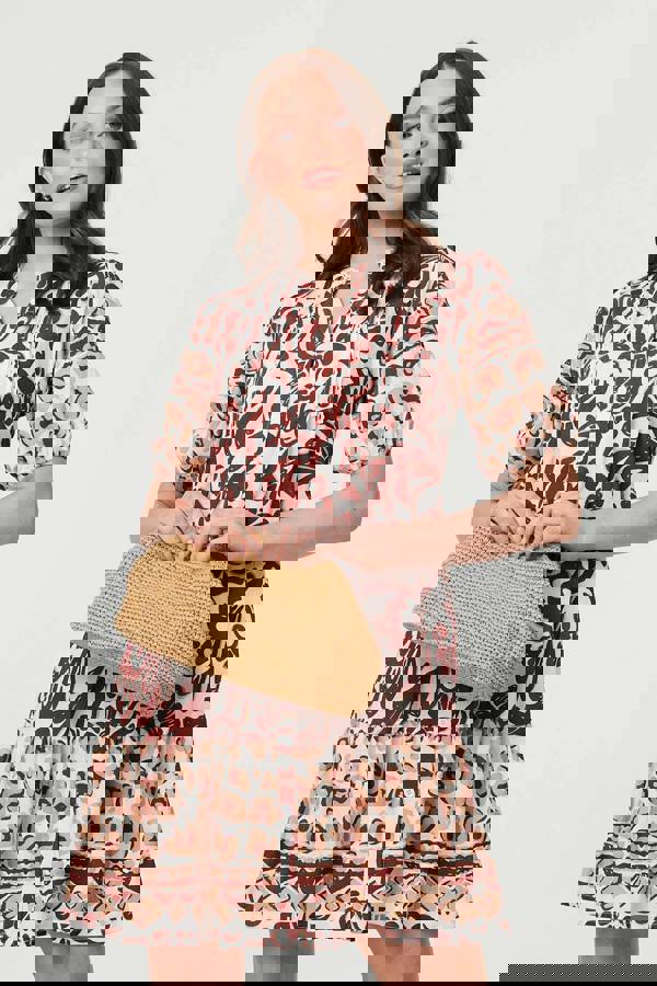 Brown | Border 1/2 Sleeve Short Shirt Dress
