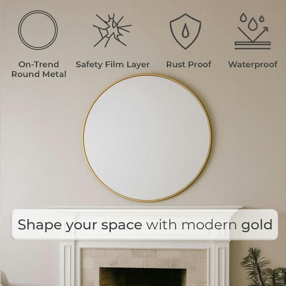 Neo 70cm Gold Round Metal Frame Wall Mirror Float Glass HD Reflection Anti-Rust Moisture-Proof Wall Mounted Bathroom Bedroom Hallway Living Room