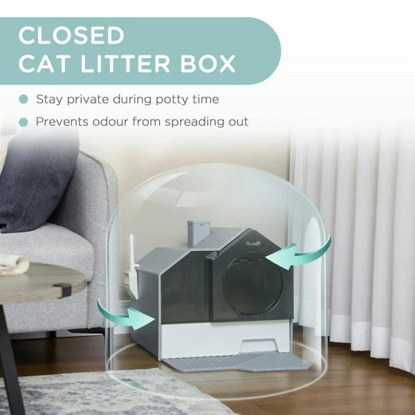 Grey enclosed cat litter box with closed hood and side handle; private covered access.
