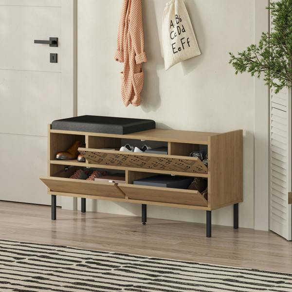 Decortie Heaton Shoe Bench w/ Fabric Cushion Seat 3-door Storage Cabinet 111(W)x37(D)x56.5(H)cm Metal Legs Hallway