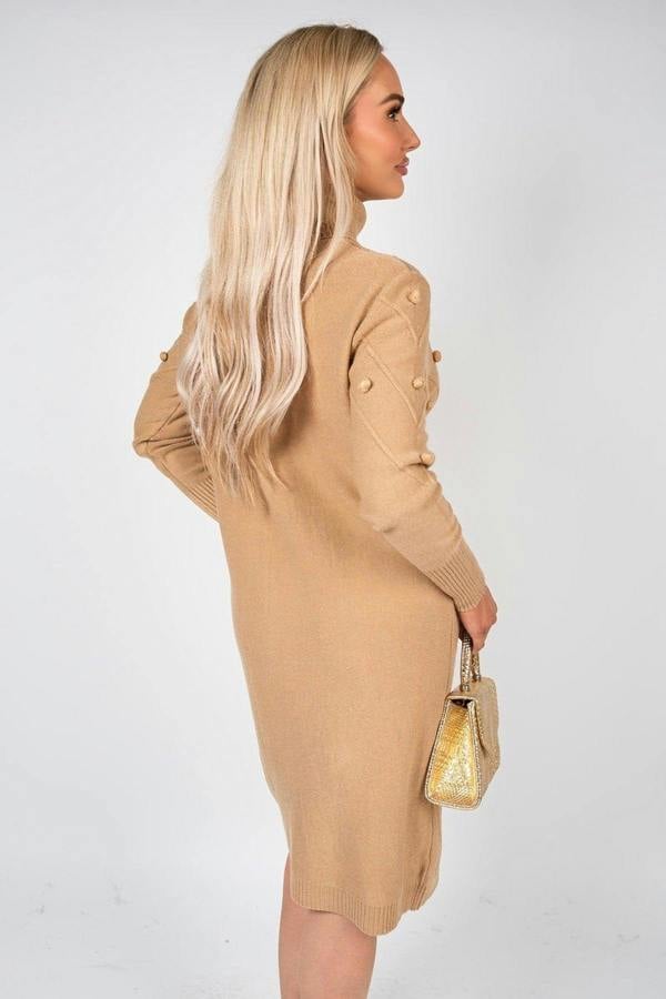 Ivanya High Neck Long Sleeve Knitted Jumper Dress With Bobble Detail - Grey