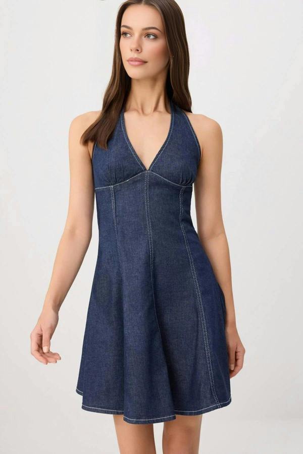 WOVCOR Halter Neck Tie Detail Skater Mini Denim Dress