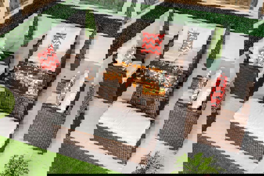 Giardino Sydney Loveseat Sofa Rattan Garden Furniture Outdoor Lounge Set with Arm Chairs, Fire Pit Coffee Table & Bench