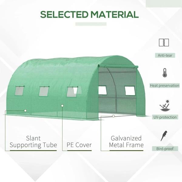 Green polytunnel greenhouse tent materials: PE cover, slant support tubes, metal frame