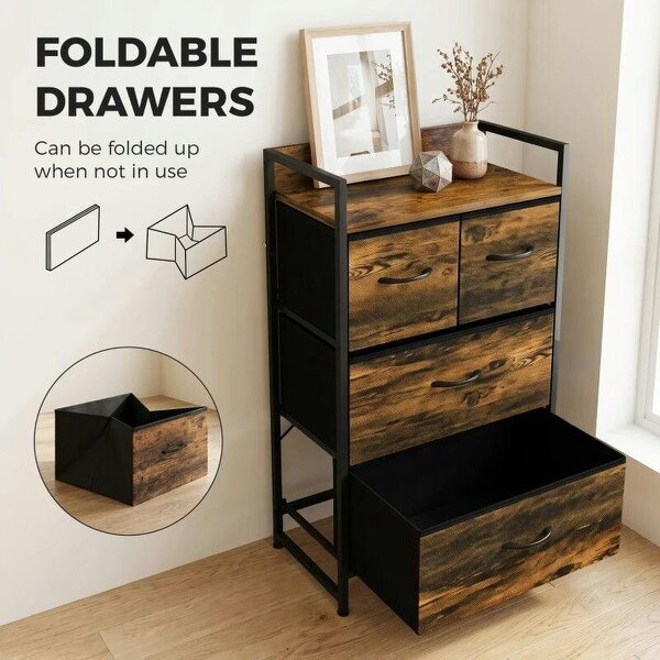 Rustic Chest of Four Fabric Drawers - Rustic Brown