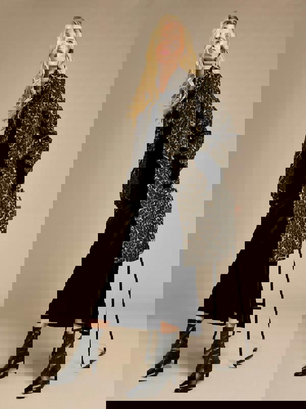 Megan Leopard Coat with Detachable Black Faux Fur Scarf and Cuffs | GWD Clothing