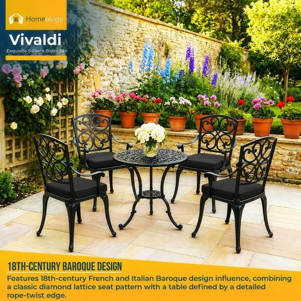 Homeology VIVALDI Black 5-Piece Cast Aluminium Garden Bistro Set - with Black Cushions