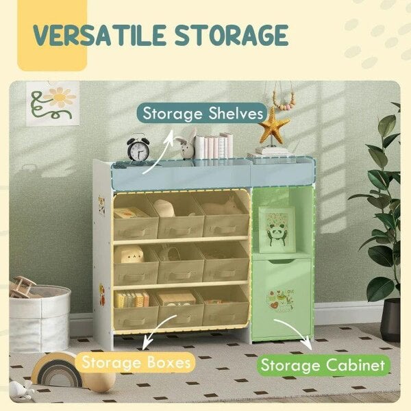 Bobobiy Kids Toy Storage, 9 Removable Fabric Bins, Wooden Toy Storage Units for Toys and Books for Bedroom, Nursery, White