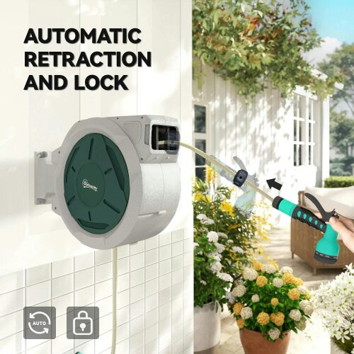 Bobobiy Retractable Hose Reel Wall Mounted, 30+2m Garden Hose Pipe Reel with Lock, 7 in 1 Spray Nozzle, 180° Swivel, 59 x 23 x 42 cm, Grey