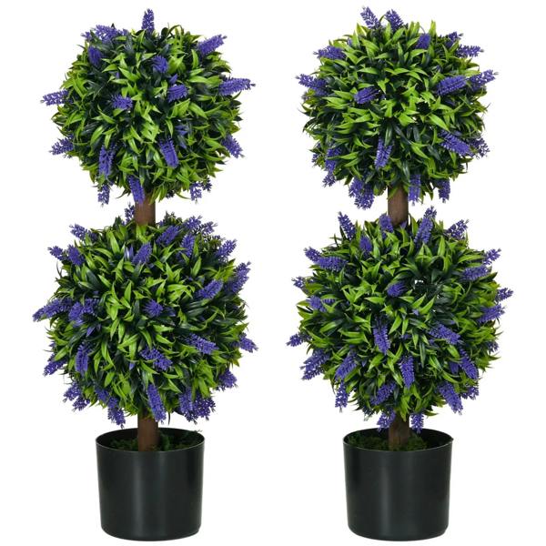 Set of 2 artificial lavender flower ball plants in black pots with green leaves